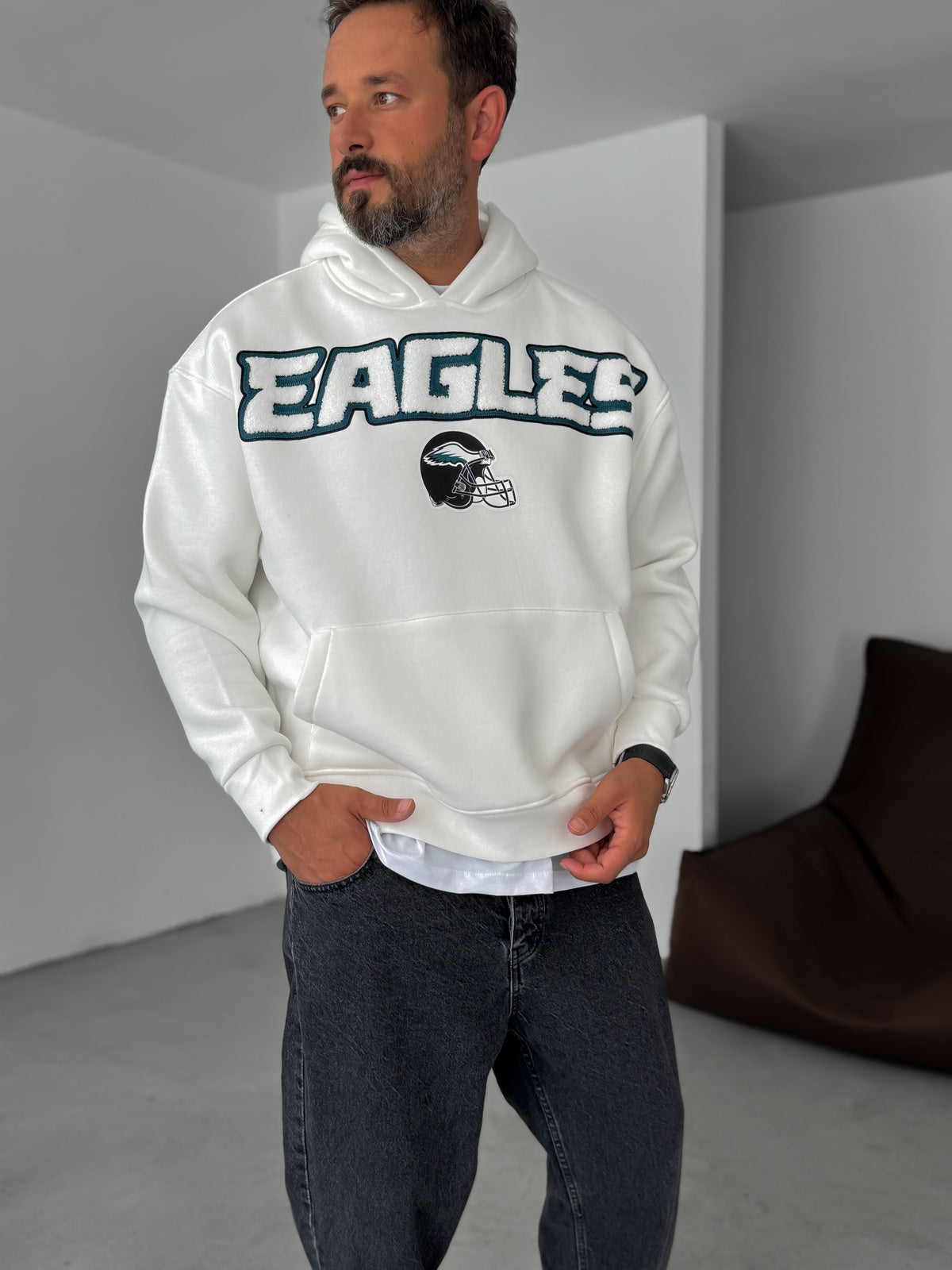White hoodie whit embordered front