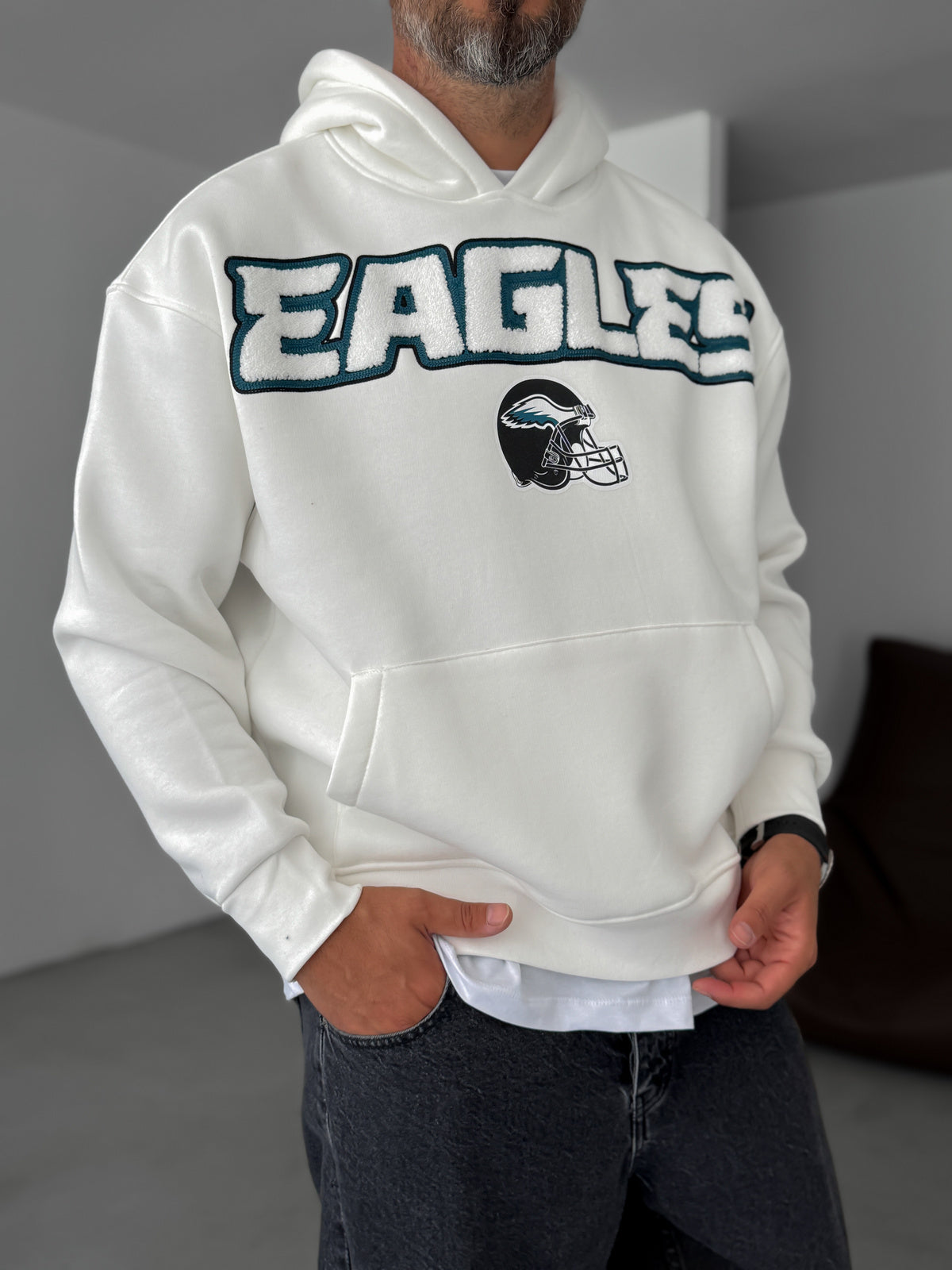 White hoodie whit embordered front