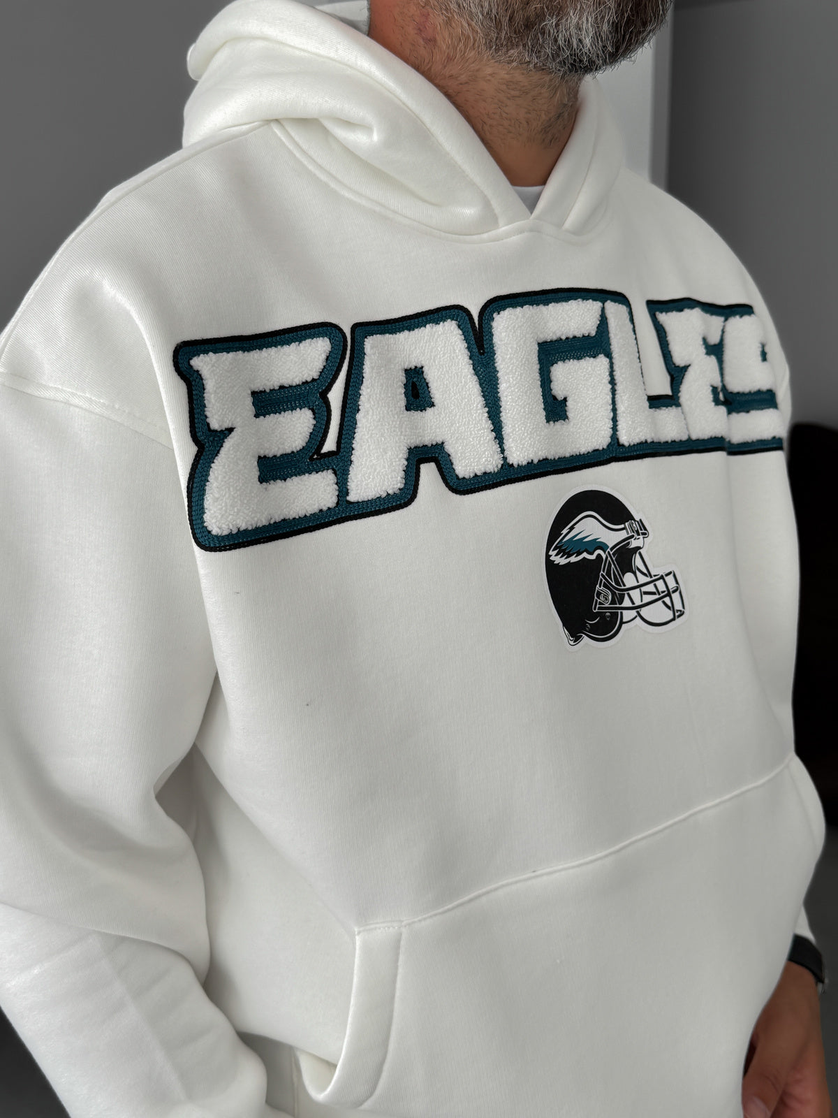 White hoodie whit embordered front